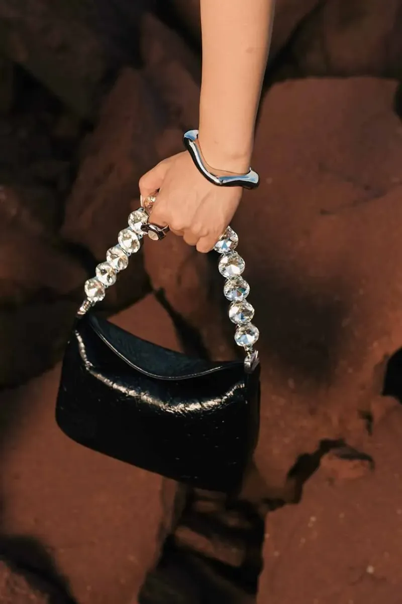 DEEPKEE original nubuck handmade full-grain genuine leather cowhide bag 鑲鑽鏈條腋下包 2203號