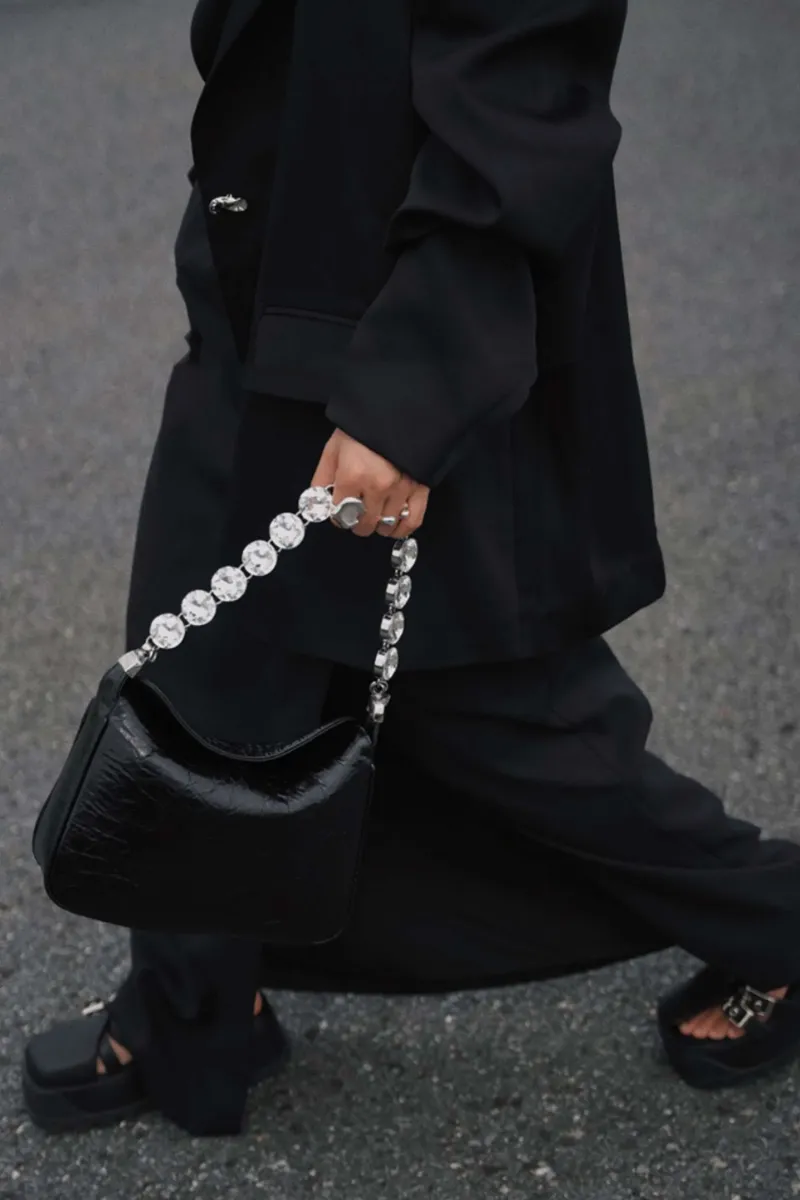 DEEPKEE original nubuck handmade full-grain genuine leather cowhide bag 鑲鑽鏈條腋下包 2203號