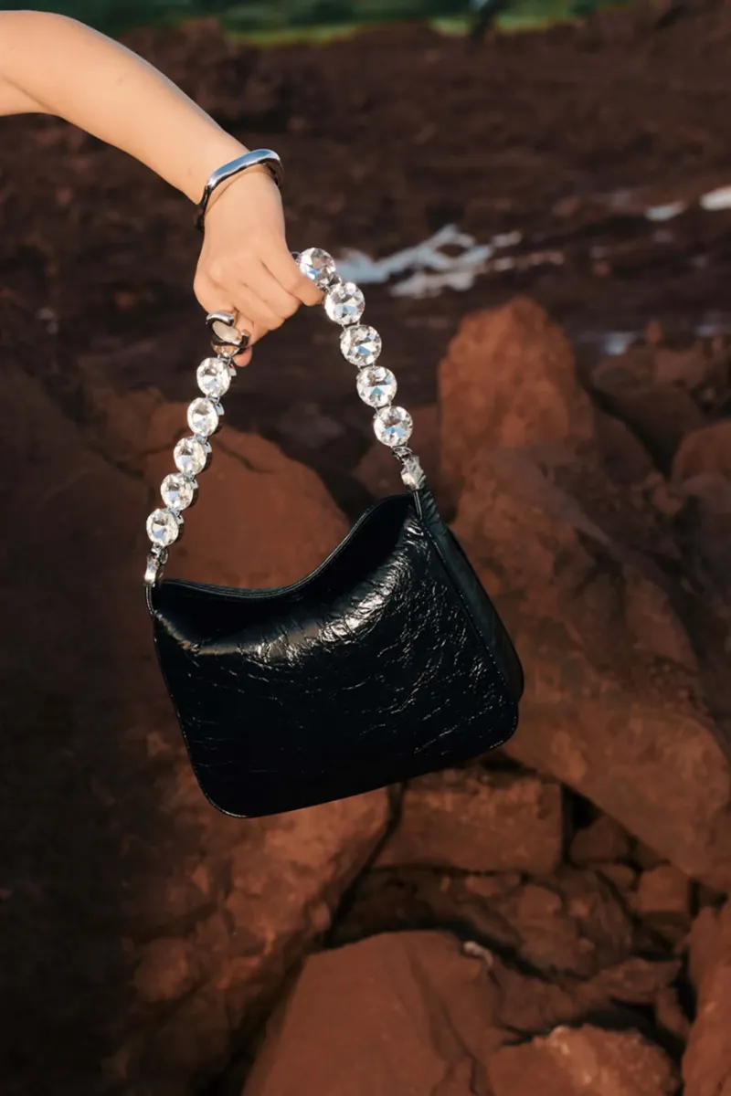 DEEPKEE original nubuck handmade full-grain genuine leather cowhide bag 鑲鑽鏈條腋下包 2203號