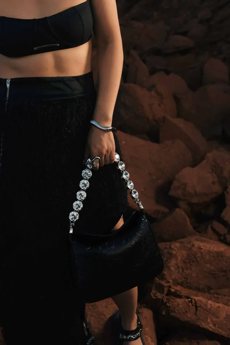 DEEPKEE original nubuck handmade full-grain genuine leather cowhide bag 鑲鑽鏈條腋下包 2203號