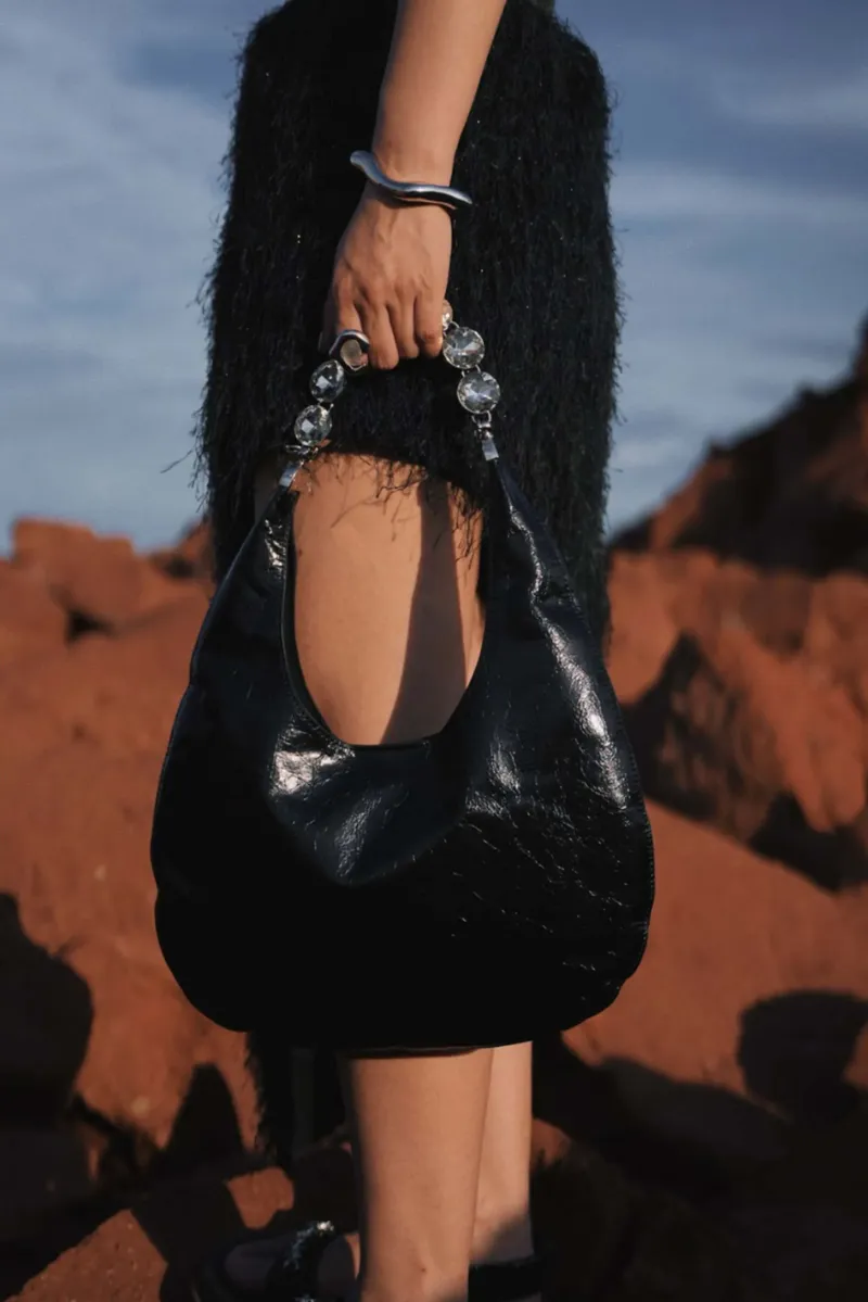 DEEPKEE original nubuck handmade full-grain genuine leather cowhide bag 鑲鑽鏈條腋下包 2203號