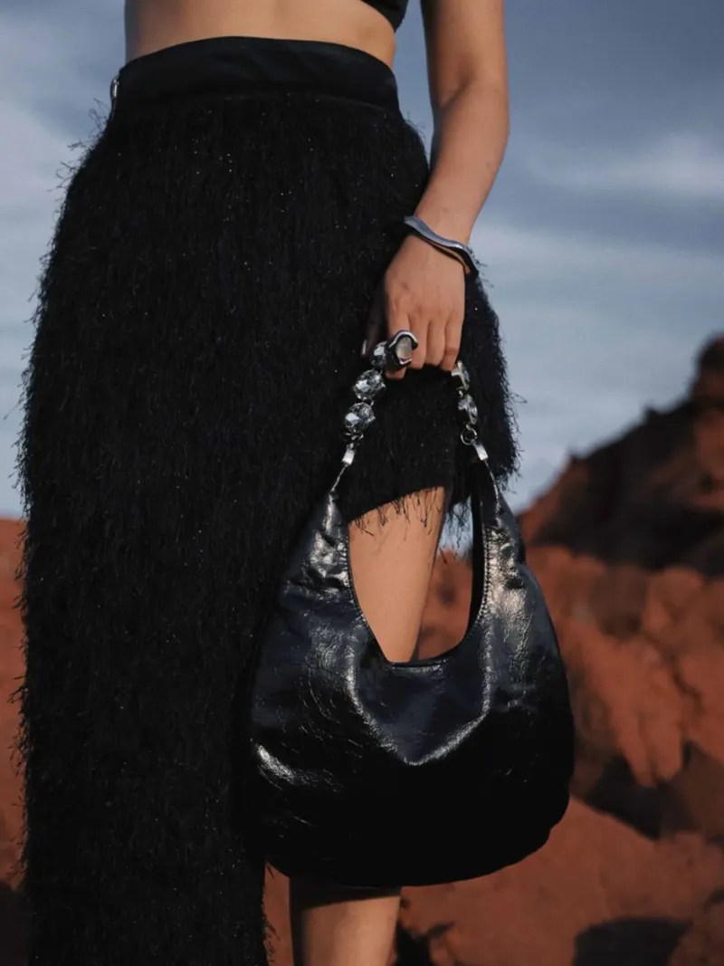 DEEPKEE original nubuck handmade full-grain genuine leather cowhide bag 鑲鑽鏈條腋下包 2203號