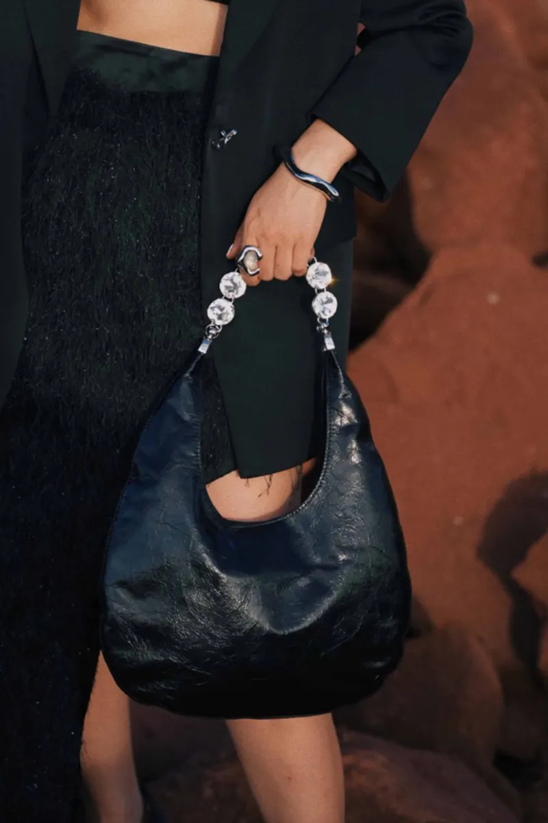 DEEPKEE original nubuck handmade full-grain genuine leather cowhide bag 鑲鑽鏈條腋下包 2203號