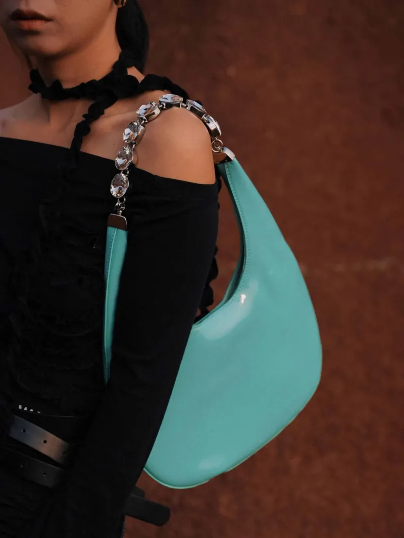 DEEPKEE original nubuck handmade full-grain genuine leather cowhide bag 鑲鑽鏈條腋下包 2203號