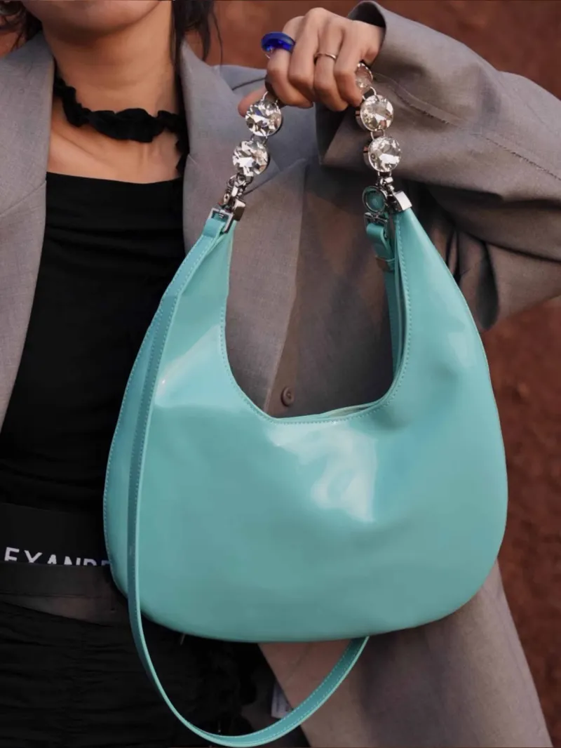 DEEPKEE original nubuck handmade full-grain genuine leather cowhide bag 鑲鑽鏈條腋下包 2203號