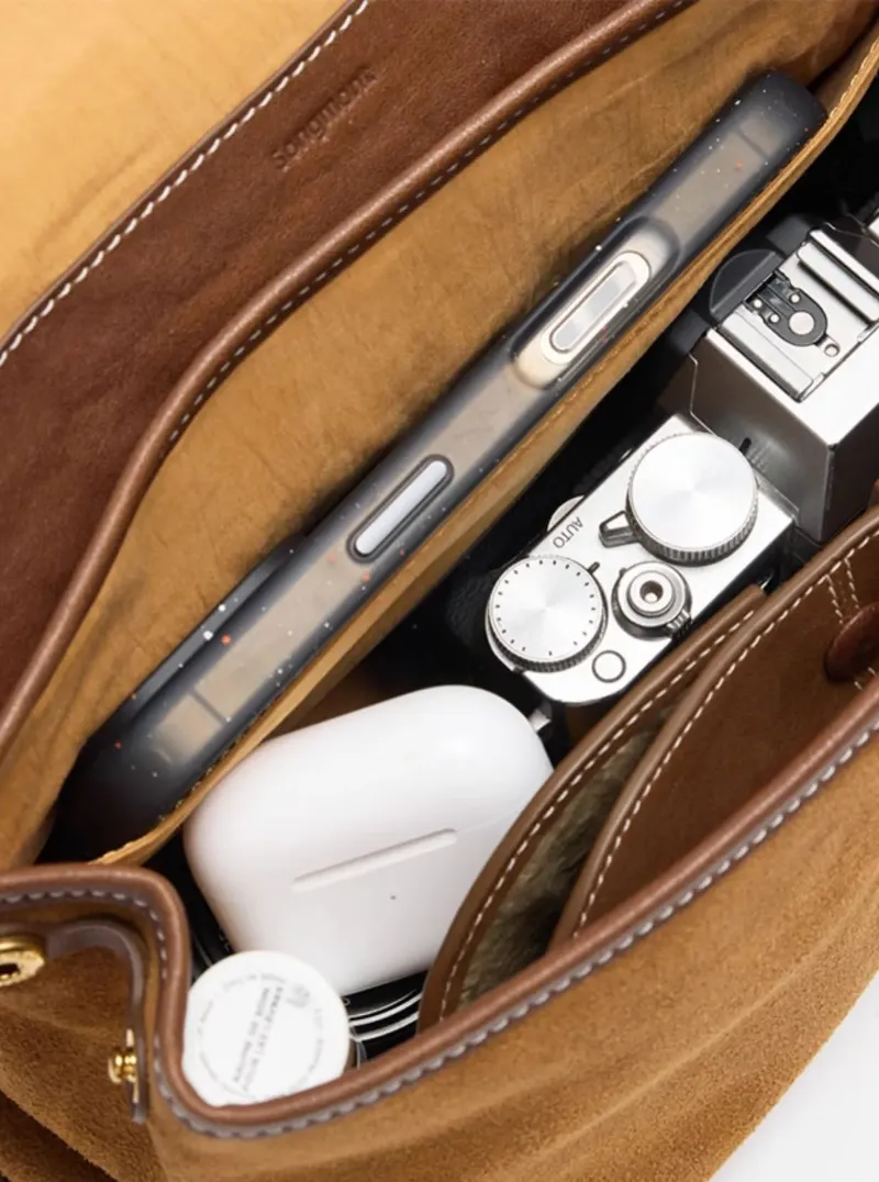 DEEPKEE original nubuck handmade full-grain genuine leather cowhide bag 隨遊小挎包女古麂皮絨單肩斜挎手提包B24SX36Y01-66GS號