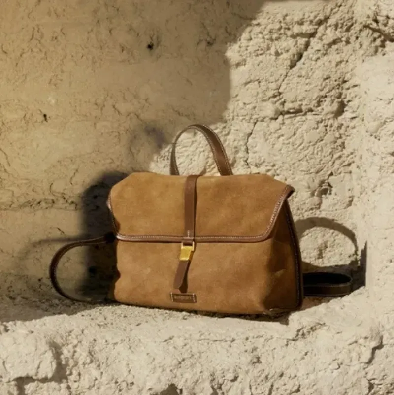 DEEPKEE original nubuck handmade full-grain genuine leather cowhide bag 隨遊小挎包女古麂皮絨單肩斜挎手提包B24SX36Y01-66GS號