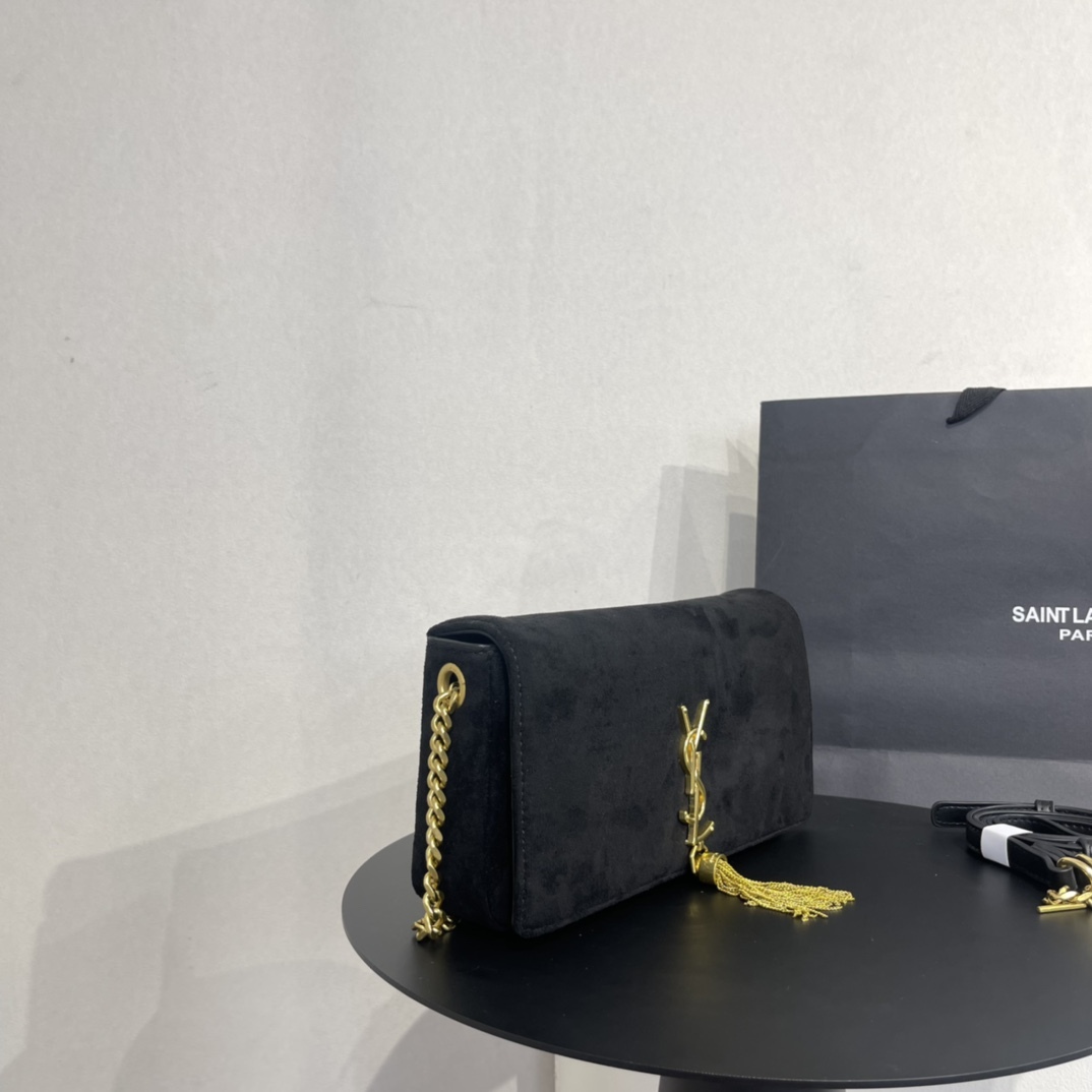 イヴ・サンローラン ブラック スエード モノグラム ミディアム ケイト タッセル バッグ