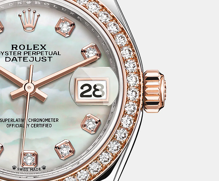 レディ デイトジャスト オイスター 28 mm オイスタースチール＆エバーローズゴールド、ダイヤモンド