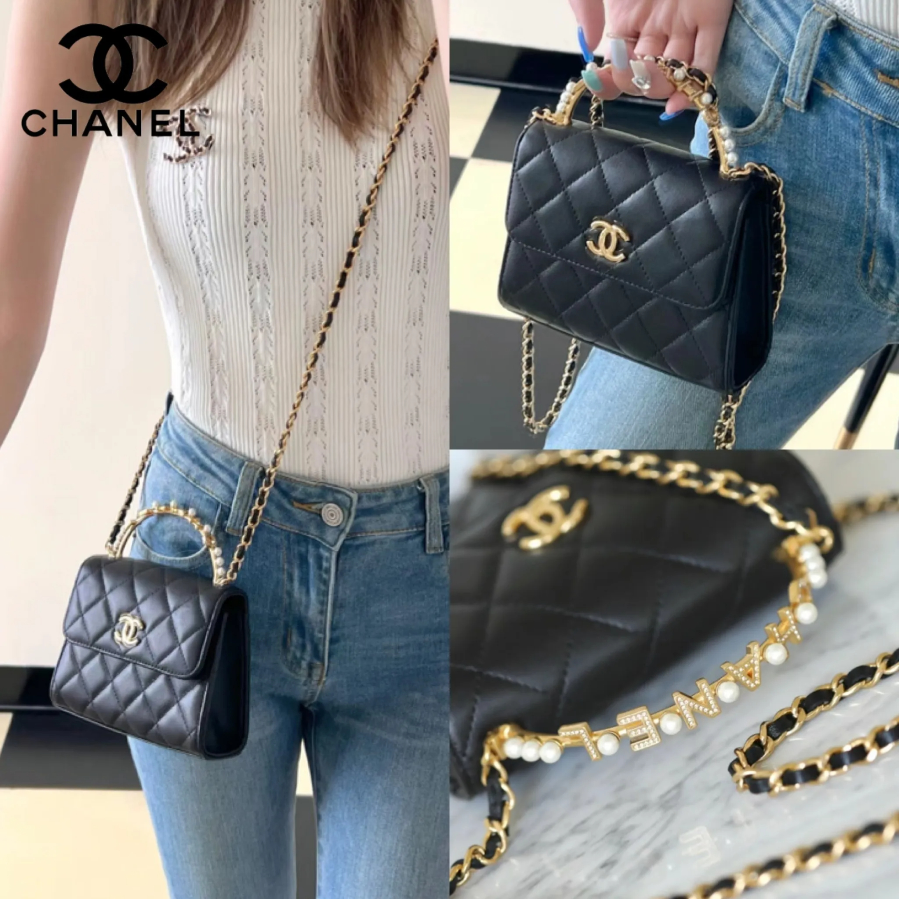 【ハンドルのロゴが可愛い♪】CHANEL チェーン クラッチ パール