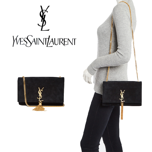 イヴ・サンローラン ブラック スエード モノグラム ミディアム ケイト タッセル バッグ