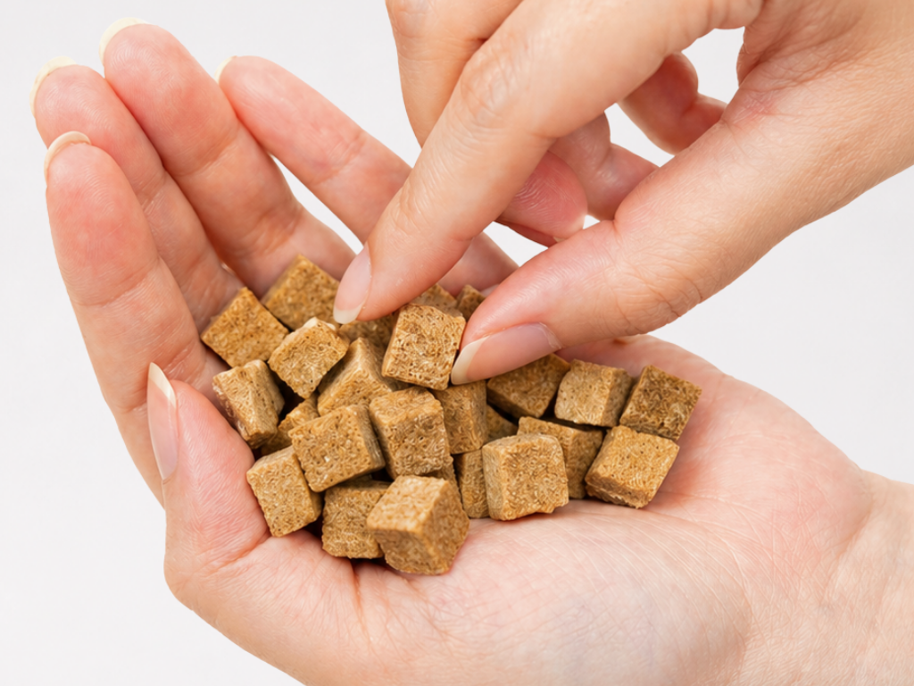 -Close-up-of-cube-shaped-cultivated-pet-treats-in-hand