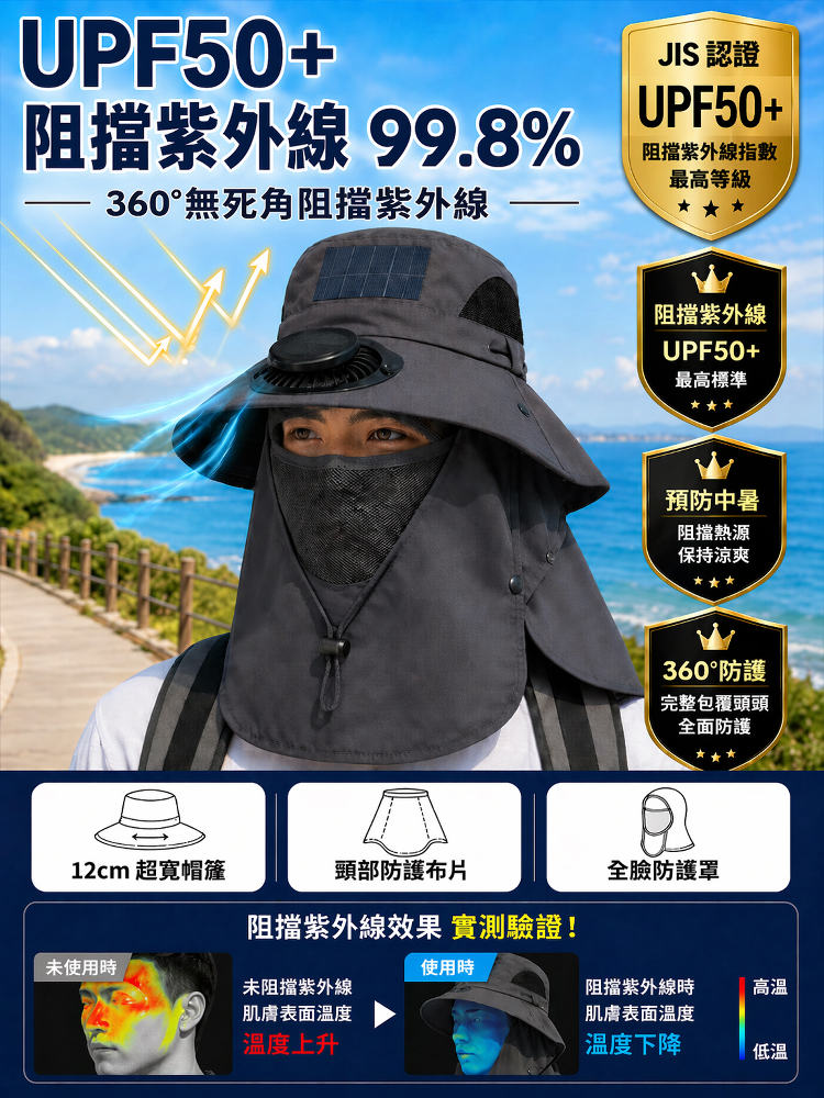 防紫外線護脖防曬太陽能風扇帽