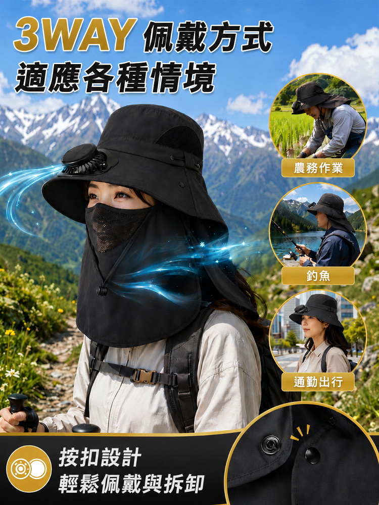 防紫外線護脖防曬太陽能風扇帽