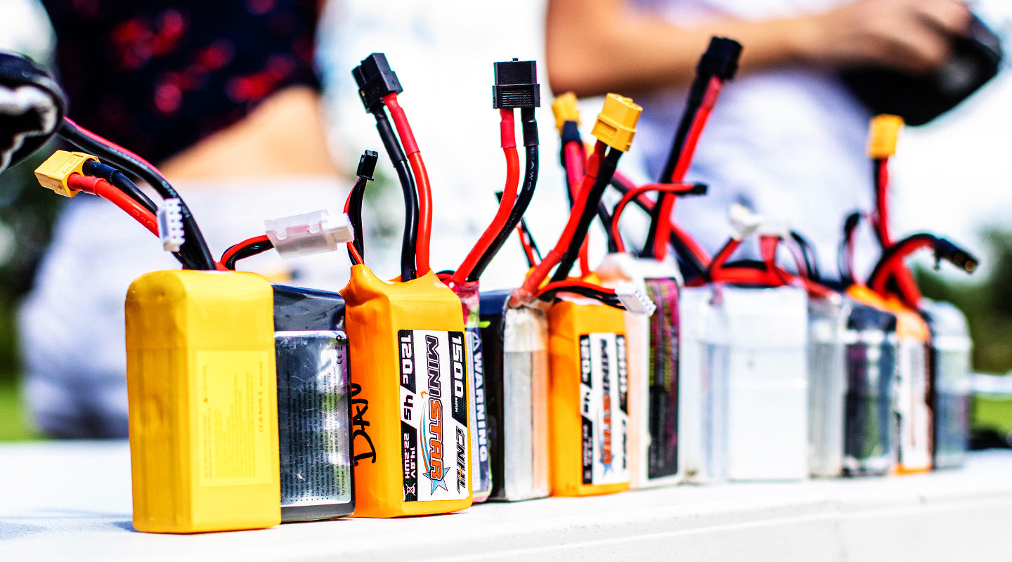 Multiple FPV Drone Batteries waiting to be flown