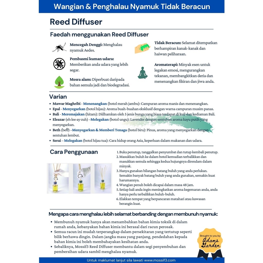 (1 Unit) Mossif3 3in1 Benefits Reed Diffuser Mosquito Repellent 100ml Lemon Eucalyptus Oil Aromatherapy Repel Mosquito