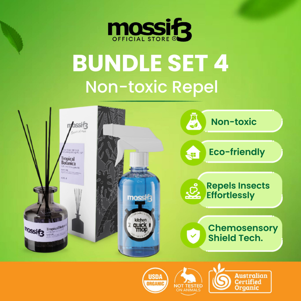 [BUNDLE SET 4] Mossif3 - Tropical Botanica Aroma Reed Diffuser + Kitchen Quick Wipe plus FREE Lizardfree Repellent x1