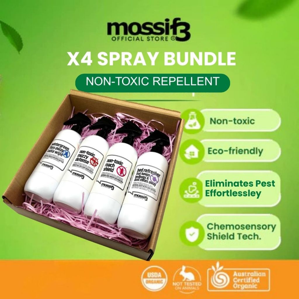 (BUNDLE OF 4) Mossif3 Non-Toxic Repellent Spray for Flies, Mosquito, Cockroach, Bedbugs