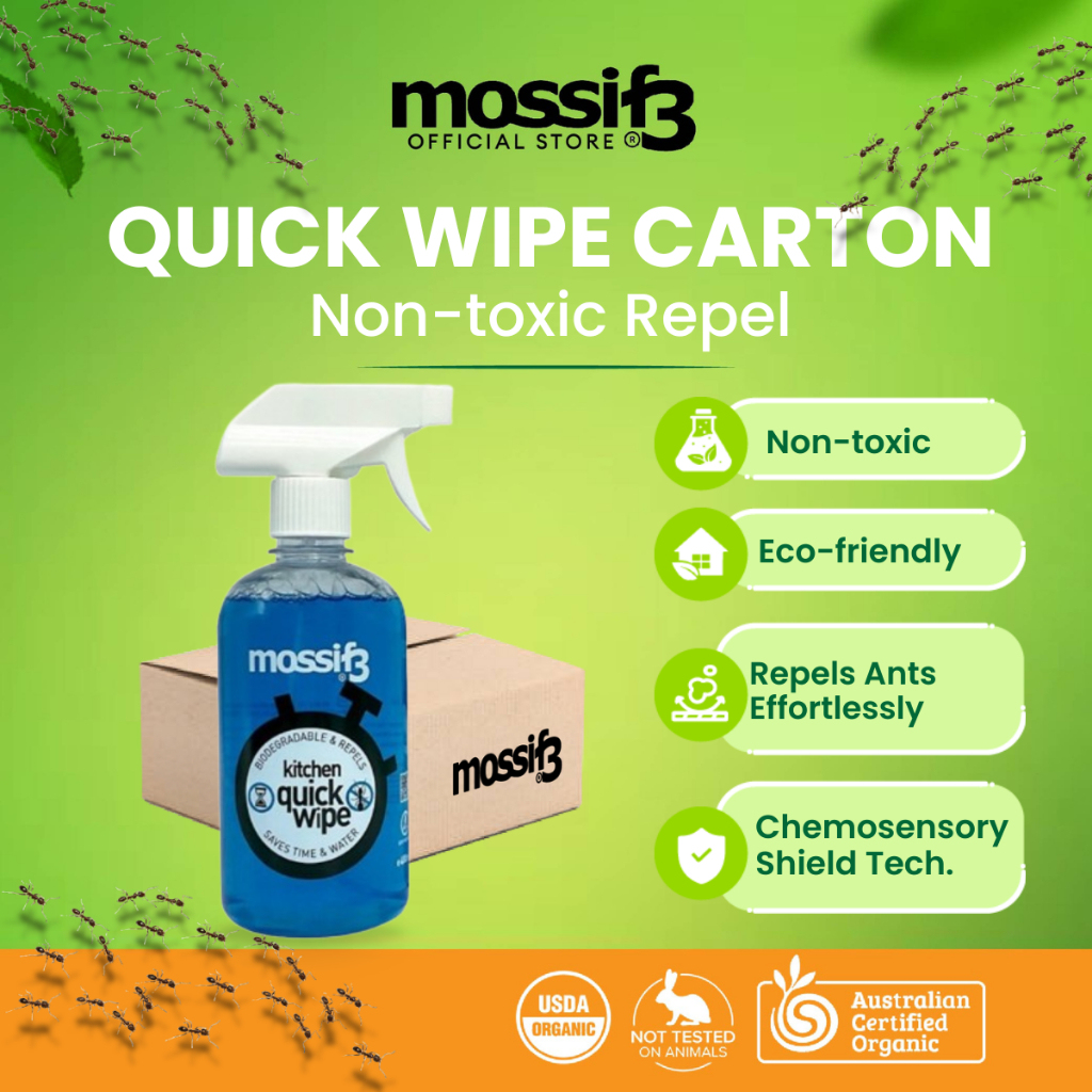 (CARTON) Mossif3 Quick Wipe (6 or 12 Units) x 480ml Natural Surface Cleaner Oil Remover Ant Repellent Spray