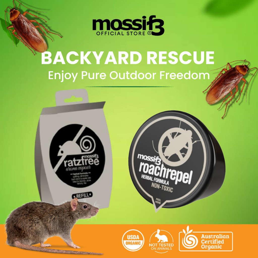 (BUNDLE OF 2) Mossif3 Backyard Rescue: Rat & Cockroach repellents, Ratzfree with Heater vapour aroma & RoachRepel Gel