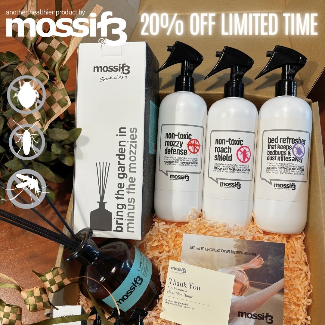 Mossif3 Raya Home Refresher Set: Reed Diffuser 200ml, Mosquito Spray, BedBug Spray, Roach Shield. Non Toxic Repellent