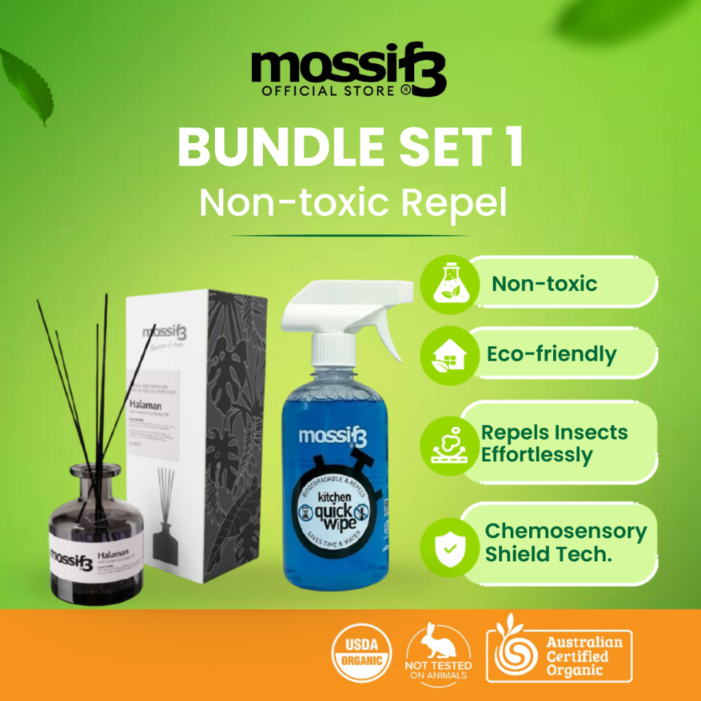 (BUNDLE SET 1) Mossif3 Halaman Aroma Reed Diffuser + Kitchen Quick Wipe FREE Lizardfree Repellent