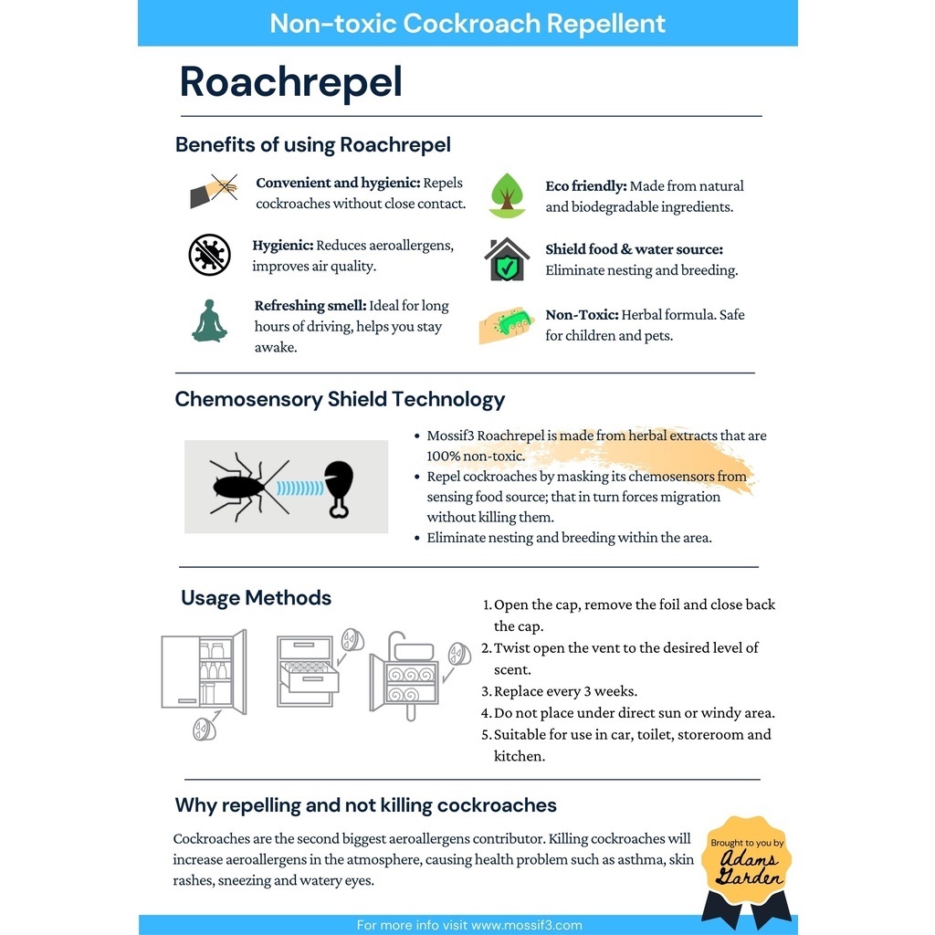 Mossif3. Natural Cockroach Repellent for Car, Cabinets, and Kitchen.