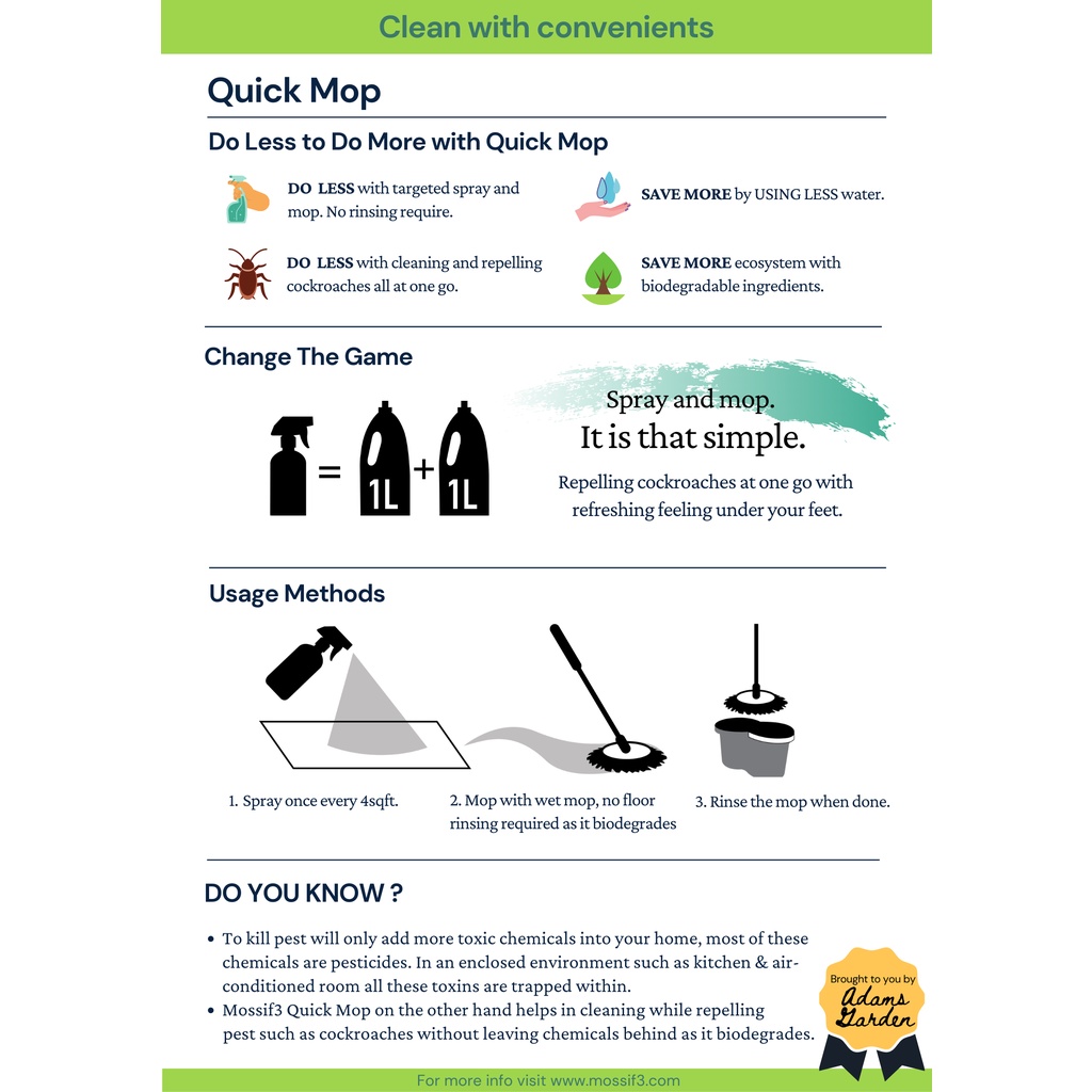 (COMBO) Mossif3 480ml Quick Mop & Quick Wipe Surface Kitchen Cleaner Spray, Repel Cockroachs & Ants, Just Spray and Wipe