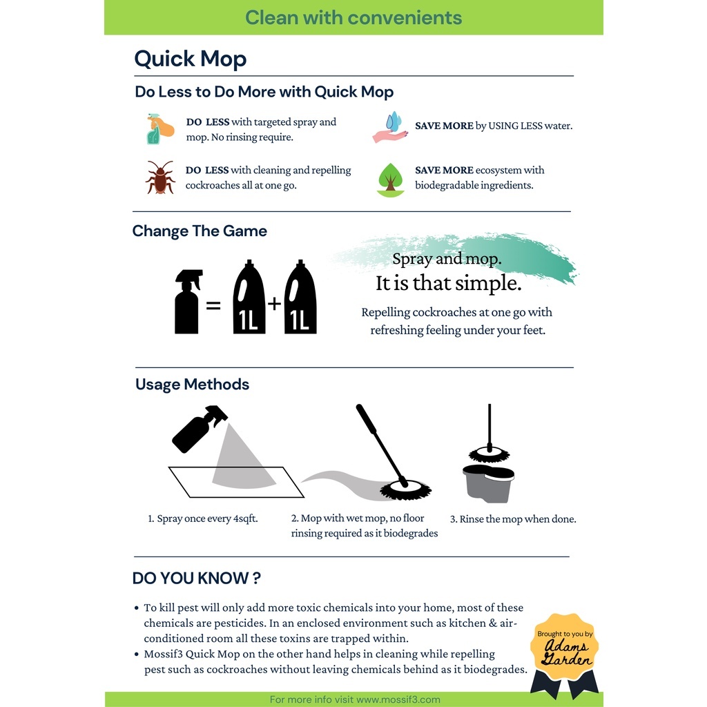 (COMBO) Mossif3 480ml Quick Mop & Quick Wipe Surface Kitchen Cleaner Spray, Repel Cockroachs & Ants, Just Spray and Wipe