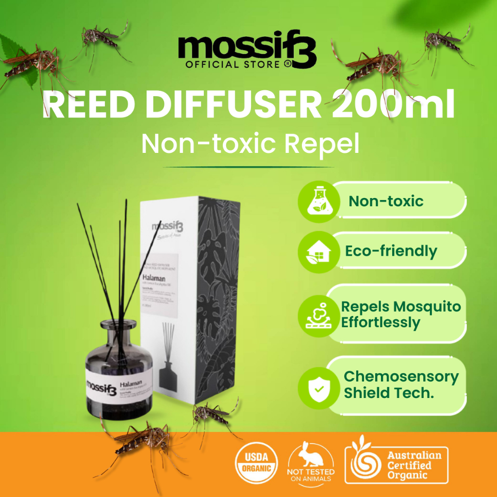 Mossif3 Reed Diffuser. 200ml. Aromatherapy with Mosquito Repellency (Lemon Eucalyptus Oil)
