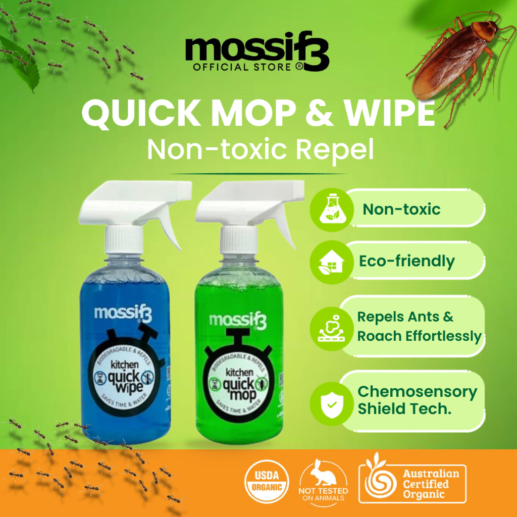(COMBO) Mossif3 480ml Quick Mop & Quick Wipe Surface Kitchen Cleaner Spray, Repel Cockroachs & Ants, Just Spray and Wipe