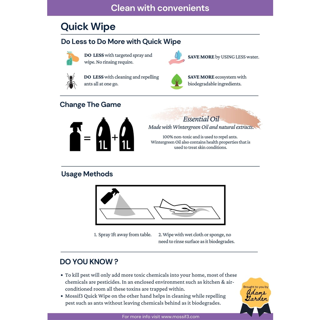 (COMBO) Mossif3 480ml Quick Mop & Quick Wipe Surface Kitchen Cleaner Spray, Repel Cockroachs & Ants, Just Spray and Wipe