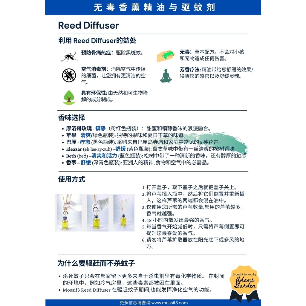 (1 Unit) Mossif3 3in1 Benefits Reed Diffuser Mosquito Repellent 100ml Lemon Eucalyptus Oil Aromatherapy Repel Mosquito