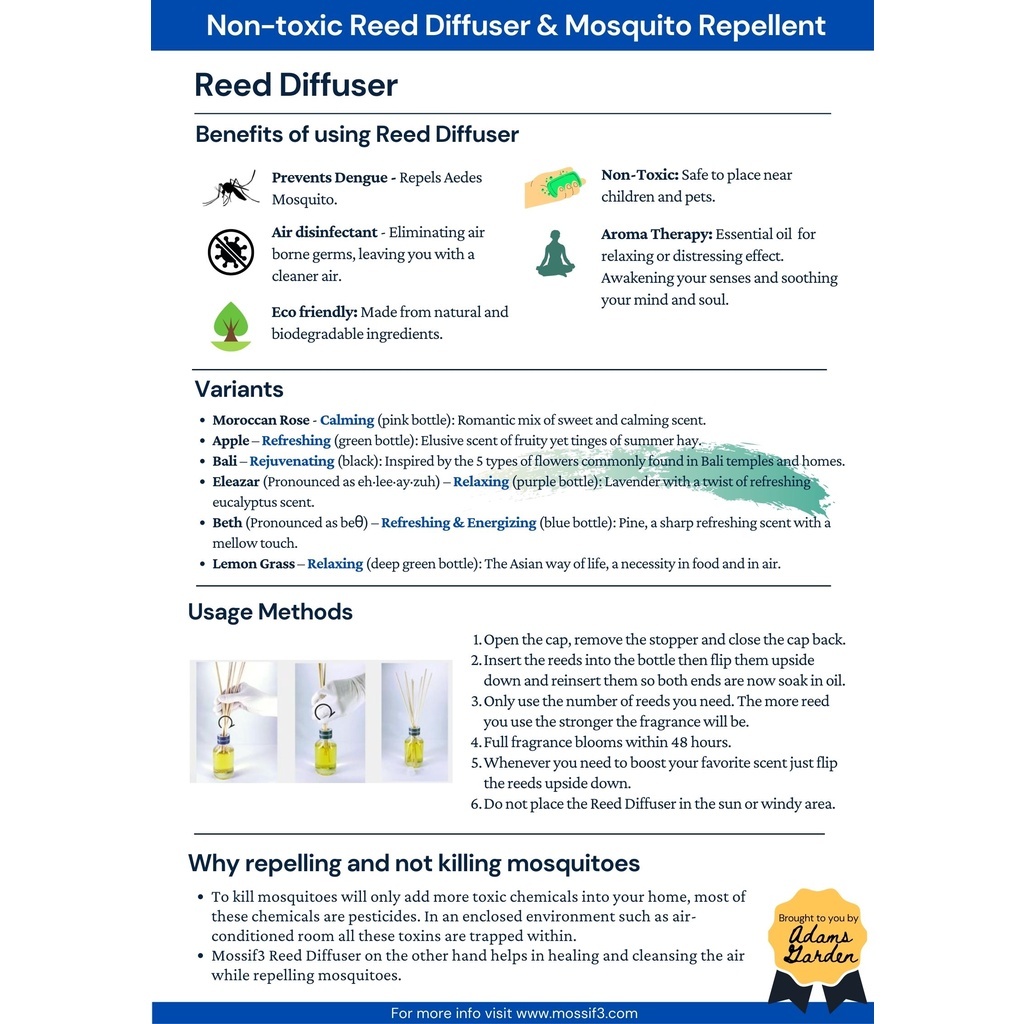 (1 Unit) Mossif3 3in1 Benefits Reed Diffuser Mosquito Repellent 100ml Lemon Eucalyptus Oil Aromatherapy Repel Mosquito