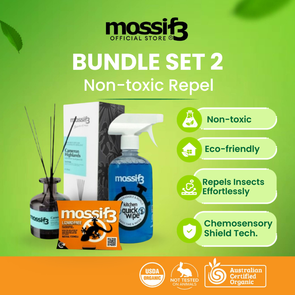 (BUNDLE SET 2) Mossif3 Cameron Highland Aroma Reed Diffuser + Kitchen Quick Wipe FREE Lizardfree  x1 single  pack