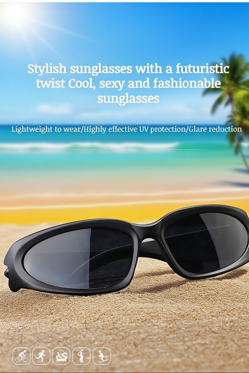 Tech-inspired Black Knight sunglasses on model