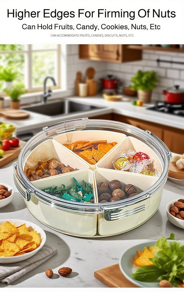Luxury multi-compartment snack storage box displayed on coffee table