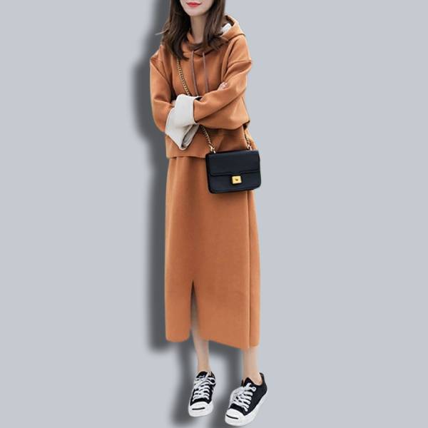 フード付き 無地 秋冬 パーカー+スカート 上下2点セット