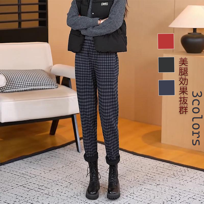 シワになりにくい ハイウエスト チェック柄 カジュアルパンツ