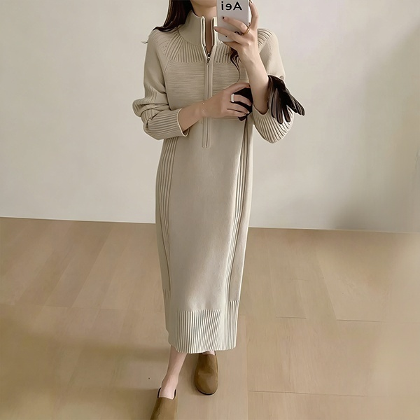 長袖 ジッパー付き 無地 カジュアル ニットワンピース