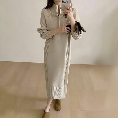 長袖 ジッパー付き 無地 カジュアル ニットワンピース