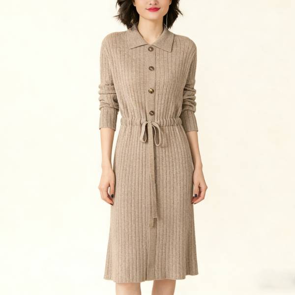 ロング 襟付き ボタン付き 無地 ニットワンピース