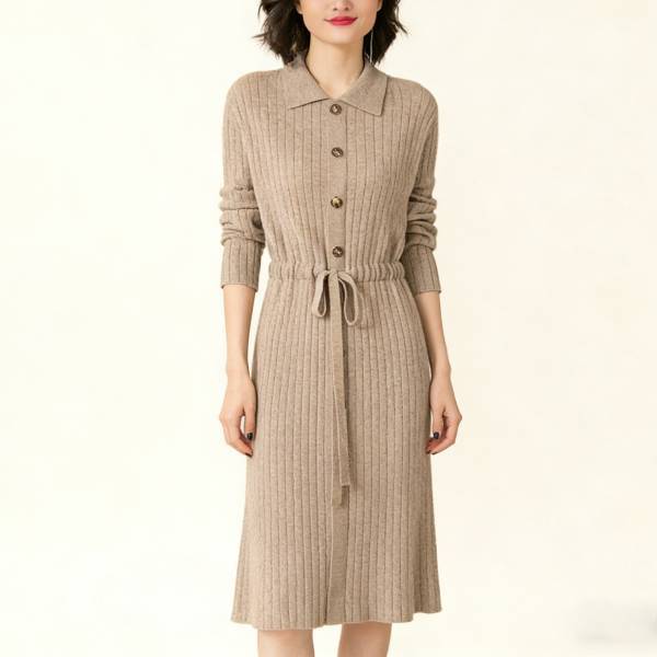 ロング 襟付き ボタン付き 無地 ニットワンピース