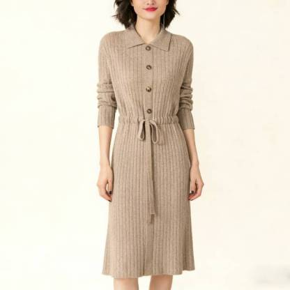 ロング 襟付き ボタン付き 無地 ニットワンピース
