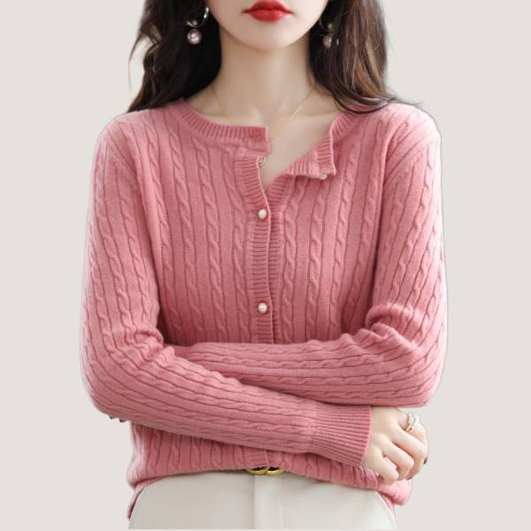 レディース ラウンドネック ウール 無地 カーディガン