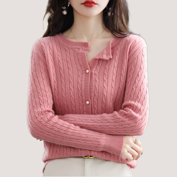 レディース ラウンドネック ウール 無地 カーディガン