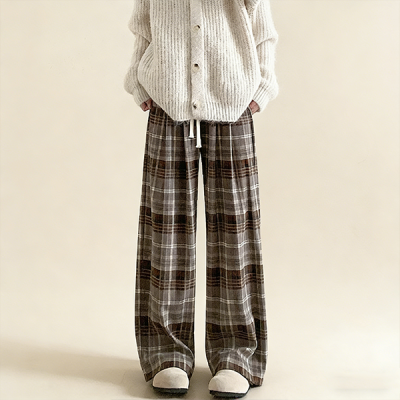 柔らかい 定番 チェック柄 裏起毛 ゴムウエスト ワイドパンツ