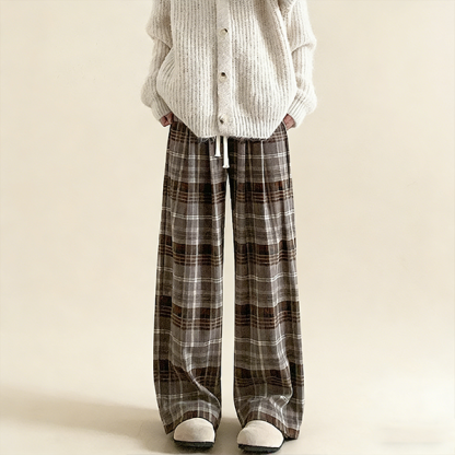 柔らかい 定番 チェック柄 裏起毛 ゴムウエスト ワイドパンツ