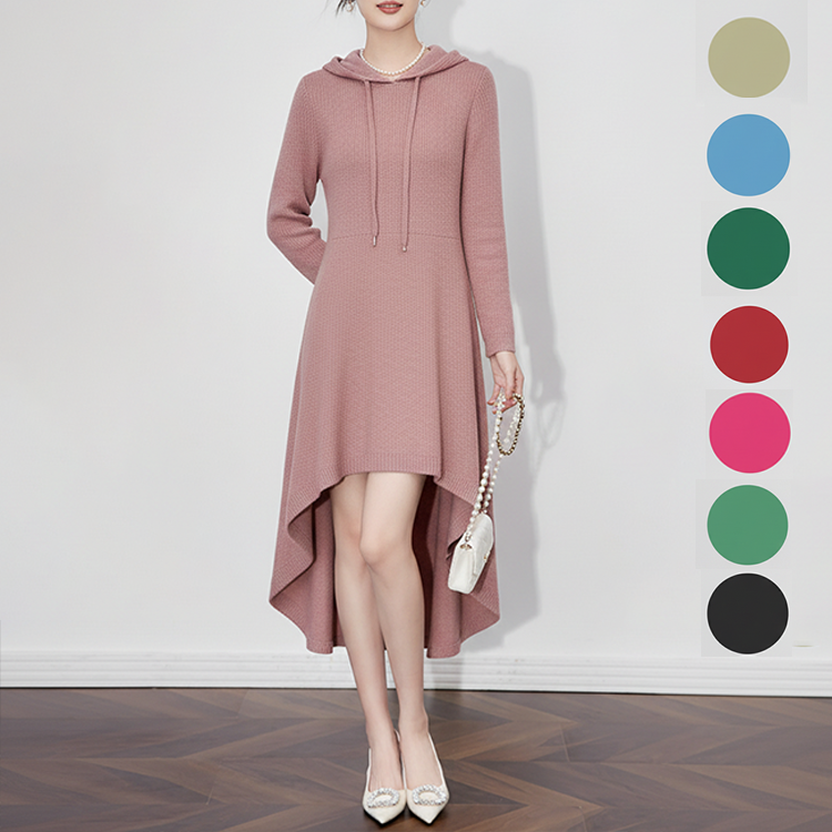無地 カジュアル シンプル 長袖 フード付き ニットワンピース
