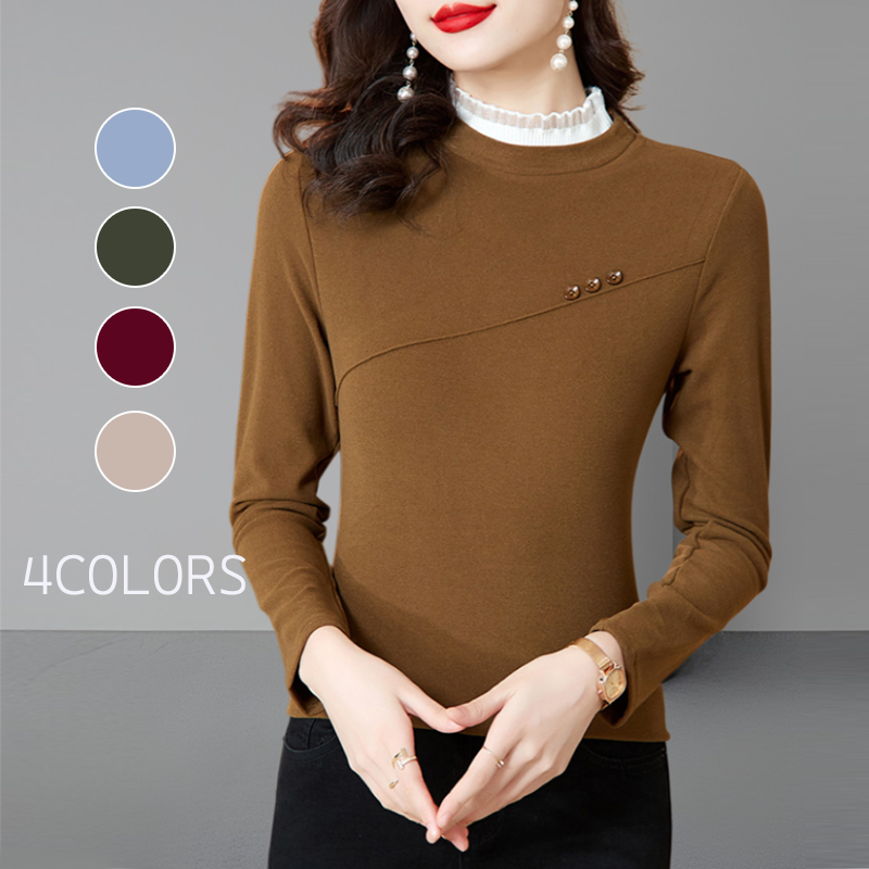 ハイネック レース入り 長袖 レディース カットソー